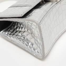 Pre Owned Balenciaga Silver Croc Embossed Leather Hourglass Top Handle Bag