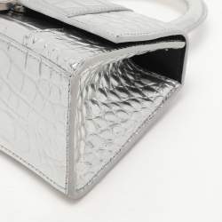 Pre Owned Balenciaga Silver Croc Embossed Leather Hourglass Top Handle Bag