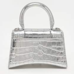 Pre Owned Balenciaga Silver Croc Embossed Leather Hourglass Top Handle Bag