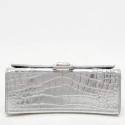Pre Owned Balenciaga Silver Croc Embossed Leather Hourglass Top Handle Bag