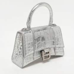 Pre Owned Balenciaga Silver Croc Embossed Leather Hourglass Top Handle Bag