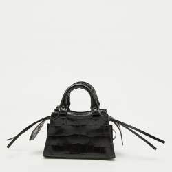 Balenciaga Black Croc Embossed Leather Neo Classic Nano City Bag