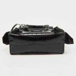 Balenciaga Black Croc Embossed Leather Neo Classic Nano City Bag