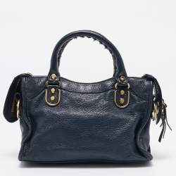 Pre Owned Balenciaga Navy Blue Leather Mini Metallic Edge City Tote