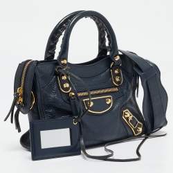 Pre Owned Balenciaga Navy Blue Leather Mini Metallic Edge City Tote