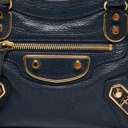 Pre Owned Balenciaga Navy Blue Leather Mini Metallic Edge City Tote
