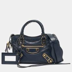 Pre Owned Balenciaga Navy Blue Leather Mini Metallic Edge City Tote