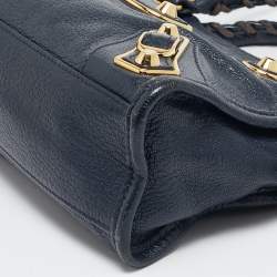 Pre Owned Balenciaga Navy Blue Leather Mini Metallic Edge City Tote