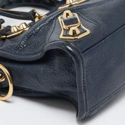Pre Owned Balenciaga Navy Blue Leather Mini Metallic Edge City Tote