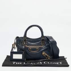 Pre Owned Balenciaga Navy Blue Leather Mini Metallic Edge City Tote
