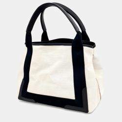 Balenciaga Beige Black Fabric Cabas Tote Bag