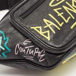 Balenciaga Black Graffiti Print Leather Logo Belt Bag