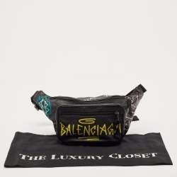 Balenciaga Black Graffiti Print Leather Logo Belt Bag