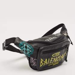 Balenciaga Black Graffiti Print Leather Logo Belt Bag