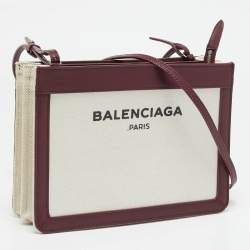 Pre Owned Balenciaga Burgundy/Beige Canvas and Leather Pochette Crossbody Bag