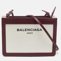 Pre Owned Balenciaga Burgundy/Beige Canvas and Leather Pochette Crossbody Bag
