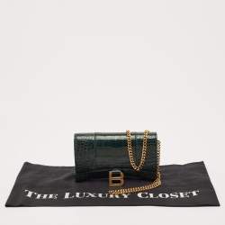 Balenciaga Green Croc Embossed Leather Hourglass Wallet on Chain