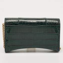Balenciaga Green Croc Embossed Leather Hourglass Wallet on Chain