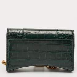Balenciaga Green Croc Embossed Leather Hourglass Wallet on Chain