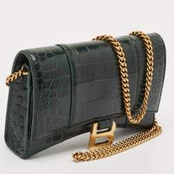 Balenciaga Green Croc Embossed Leather Hourglass Wallet on Chain