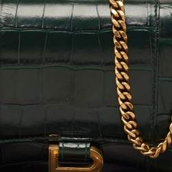 Balenciaga Green Croc Embossed Leather Hourglass Wallet on Chain