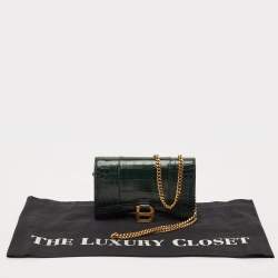 Balenciaga Green Croc Embossed Leather Hourglass Wallet on Chain