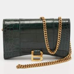 Balenciaga Green Croc Embossed Leather Hourglass Wallet on Chain