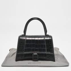Balenciaga Black Croc Embossed Leather Small Hourglass Top Handle Bag