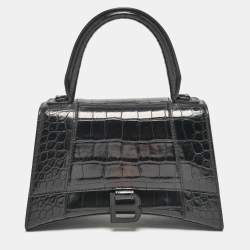 Balenciaga Black Croc Embossed Leather Small Hourglass Top Handle Bag
