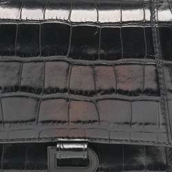 Balenciaga Black Croc Embossed Leather Small Hourglass Top Handle Bag