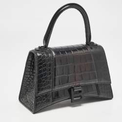 Balenciaga Black Croc Embossed Leather Small Hourglass Top Handle Bag