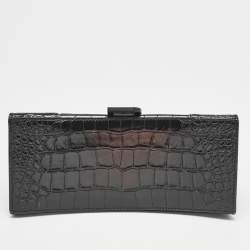 Balenciaga Black Croc Embossed Leather Small Hourglass Top Handle Bag