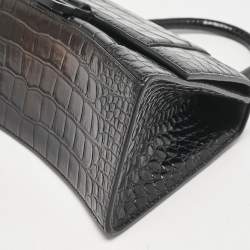 Balenciaga Black Croc Embossed Leather Small Hourglass Top Handle Bag