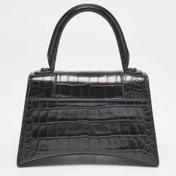 Balenciaga Black Croc Embossed Leather Small Hourglass Top Handle Bag