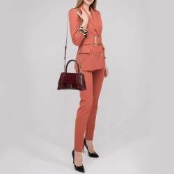 Pre Owned Balenciaga Burgundy Croc Embossed Leather Small Hourglass Top Handle Bag