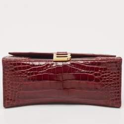 Pre Owned Balenciaga Burgundy Croc Embossed Leather Small Hourglass Top Handle Bag