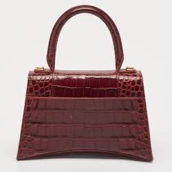 Pre Owned Balenciaga Burgundy Croc Embossed Leather Small Hourglass Top Handle Bag