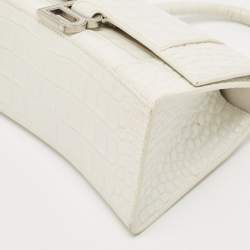 Balenciaga White Croc Embossed Leather Small Hourglass Top Handle Bag