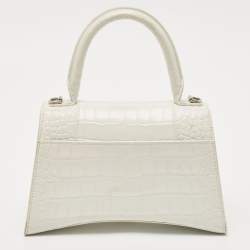 Balenciaga White Croc Embossed Leather Small Hourglass Top Handle Bag