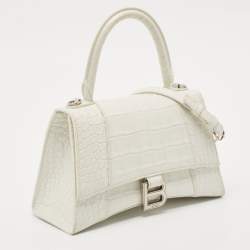 Balenciaga White Croc Embossed Leather Small Hourglass Top Handle Bag
