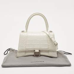 Balenciaga White Croc Embossed Leather Small Hourglass Top Handle Bag