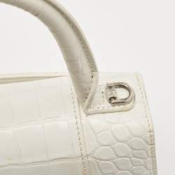 Balenciaga White Croc Embossed Leather Small Hourglass Top Handle Bag