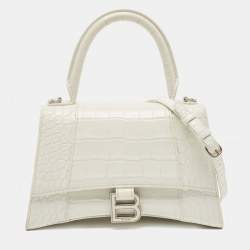 Balenciaga White Croc Embossed Leather Small Hourglass Top Handle Bag