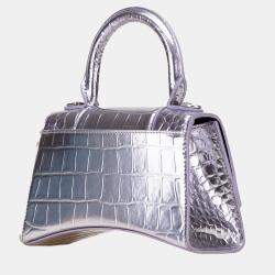 Pre Owned Balenciaga Silver Metallic Calfskin Croc Embossed Hourglass XS Satchel
