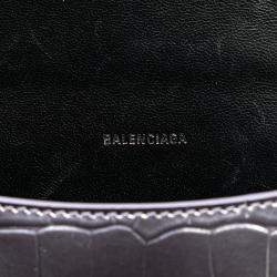 Pre Owned Balenciaga Silver Metallic Calfskin Croc Embossed Hourglass XS Satchel