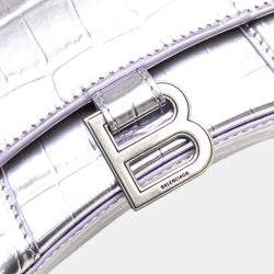 Pre Owned Balenciaga Silver Metallic Calfskin Croc Embossed Hourglass XS Satchel