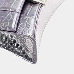 Pre Owned Balenciaga Silver Metallic Calfskin Croc Embossed Hourglass XS Satchel