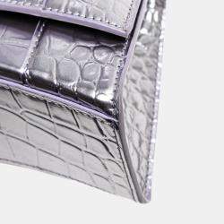 Pre Owned Balenciaga Silver Metallic Calfskin Croc Embossed Hourglass XS Satchel