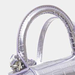 Pre Owned Balenciaga Silver Metallic Calfskin Croc Embossed Hourglass XS Satchel