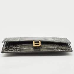 Pre Owned Balenciaga Grey Croc Embossed Leather Hourglass Flat Pouch 